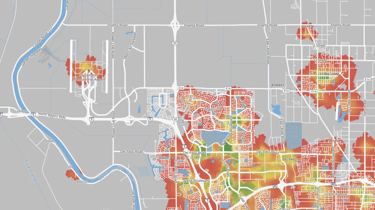 Walk Grade map of Natomas Creek, Sacramento, CA, walkable areas in green and car-dependent areas in red