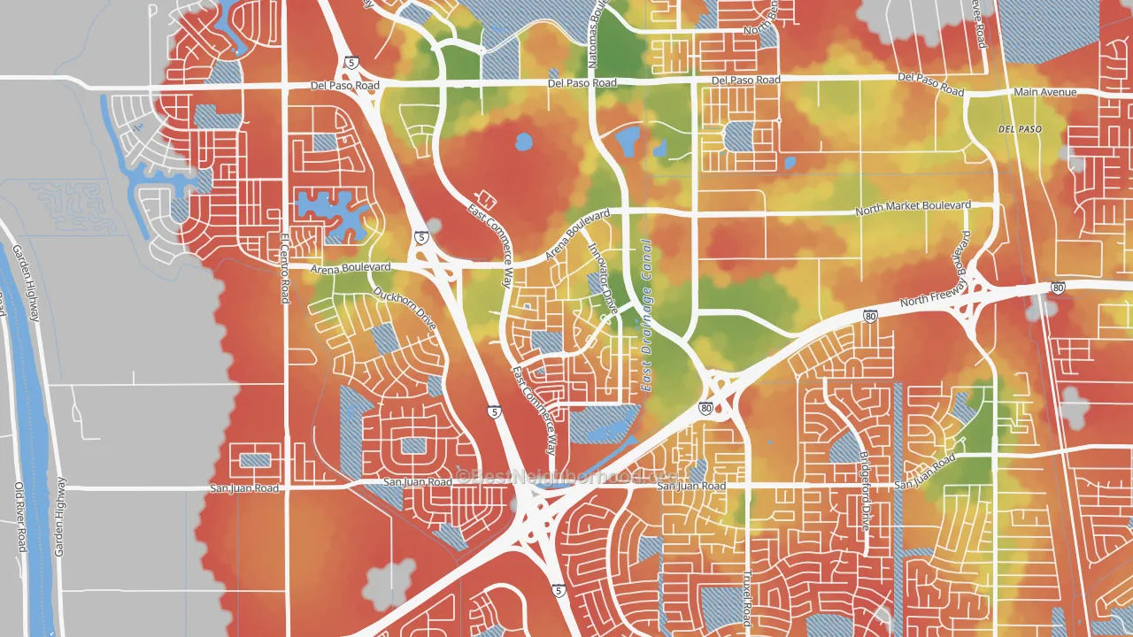 Walk Grade map of Natomas Crossing, Sacramento, CA, walkable areas in green and car-dependent areas in red