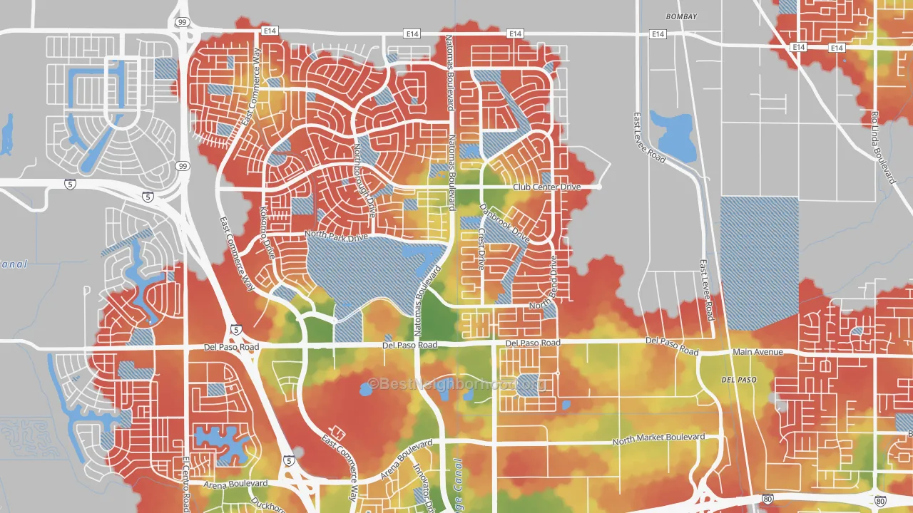 Walk Grade map of Natomas Park, Sacramento, CA, walkable areas in green and car-dependent areas in red