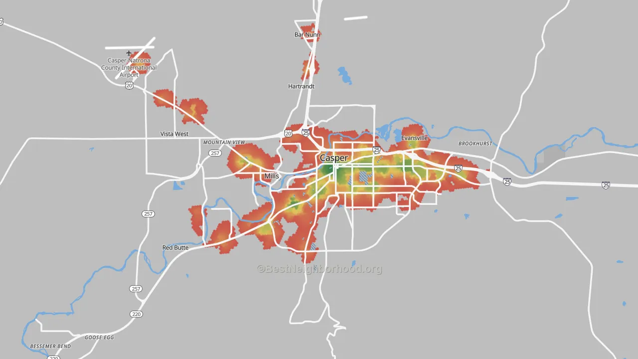 Walk Grade map of Natrona County, WY, walkable areas in green and car-dependent areas in red