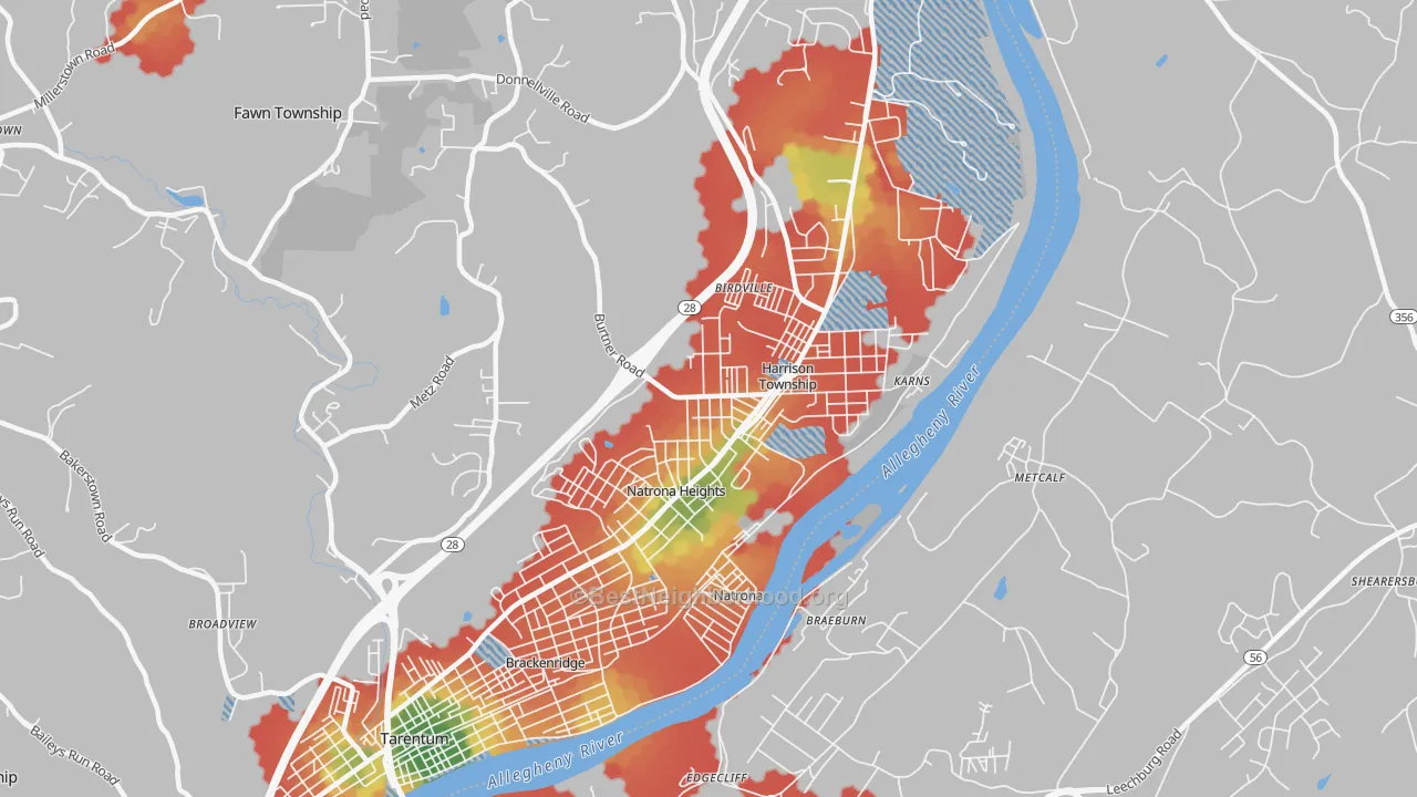 Walk Grade map of Natrona Heights, PA, walkable areas in green and car-dependent areas in red