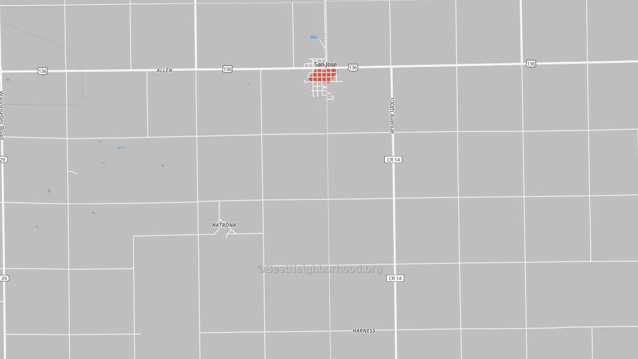 Walk Grade map of Natrona, IL, walkable areas in green and car-dependent areas in red