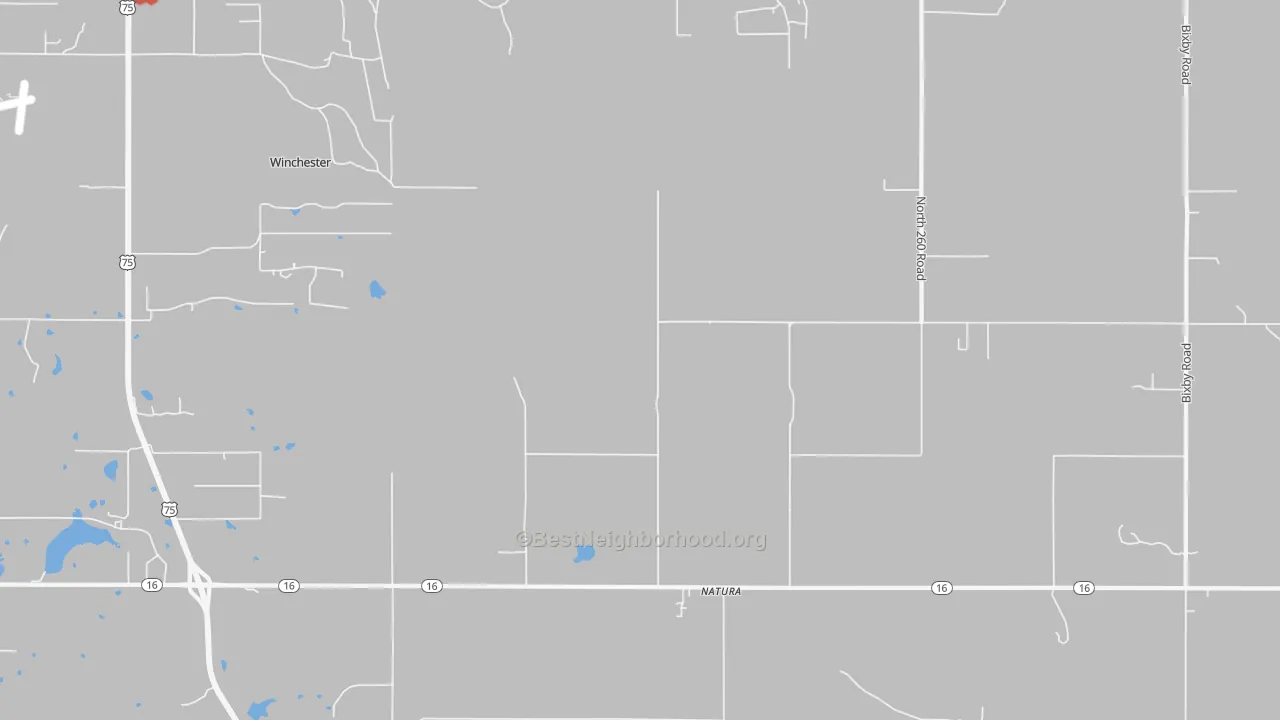 Walk Grade map of Natura, OK, walkable areas in green and car-dependent areas in red