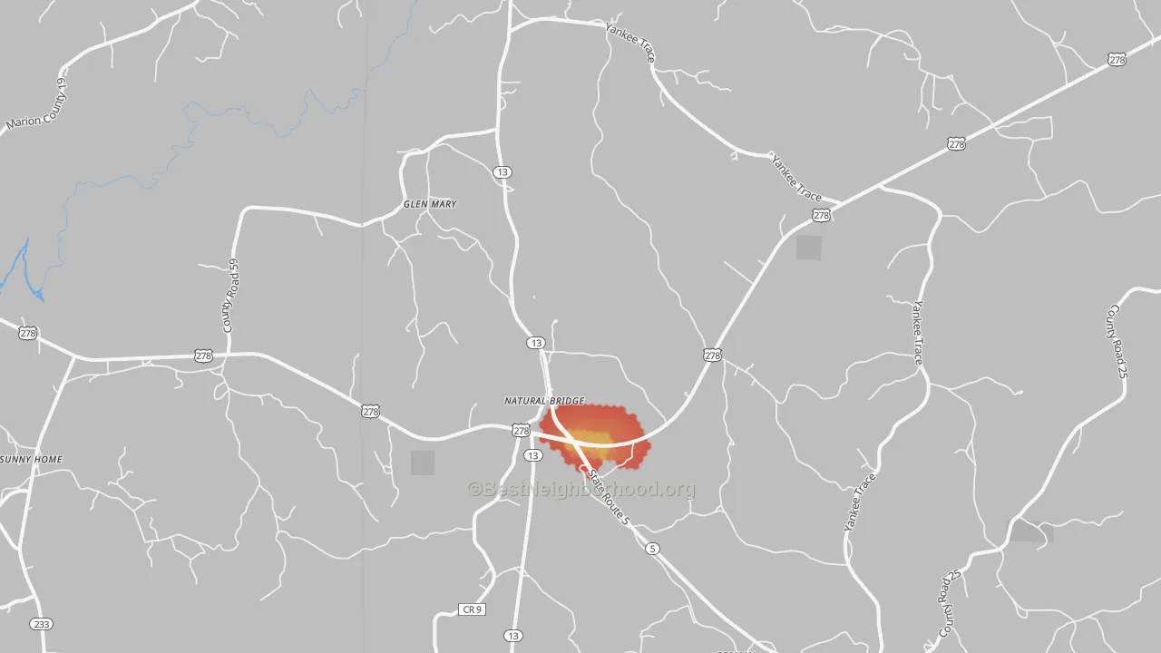 Walk Grade map of Natural Bridge, AL, walkable areas in green and car-dependent areas in red