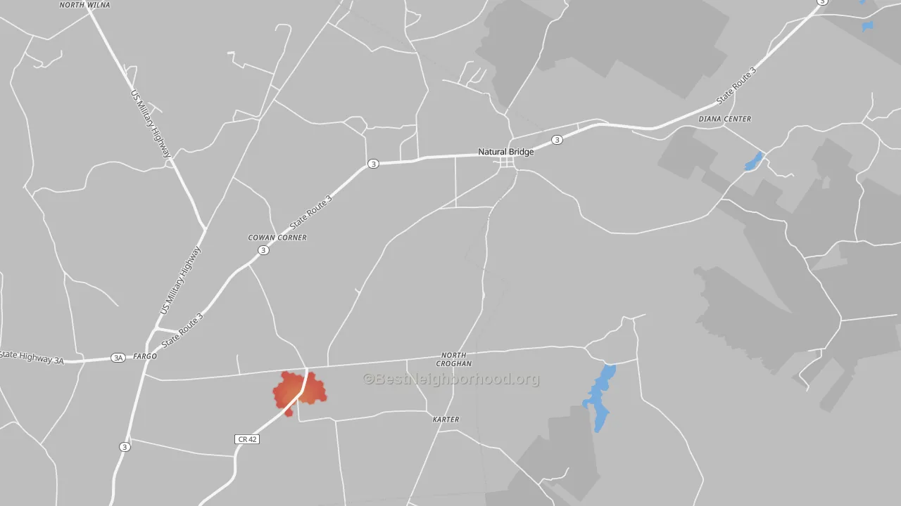 Walk Grade map of Natural Bridge, NY, walkable areas in green and car-dependent areas in red