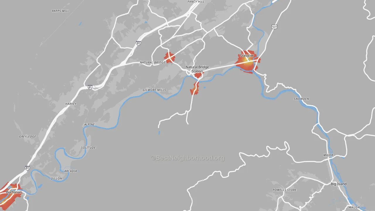 Walk Grade map of Natural Bridge Station, VA, walkable areas in green and car-dependent areas in red