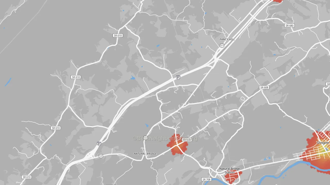 Walk Grade map of Natural Bridge, VA, walkable areas in green and car-dependent areas in red