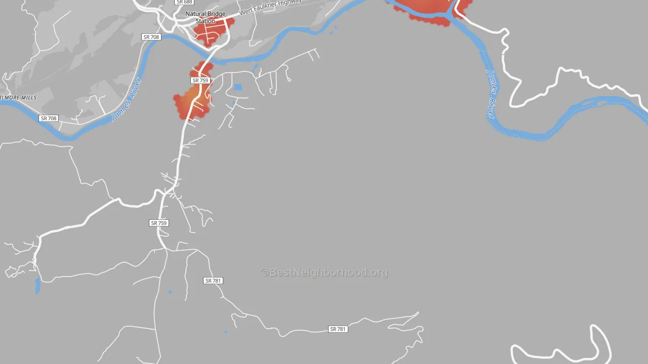 Walk Grade map of Naturl Br Sta, VA, walkable areas in green and car-dependent areas in red