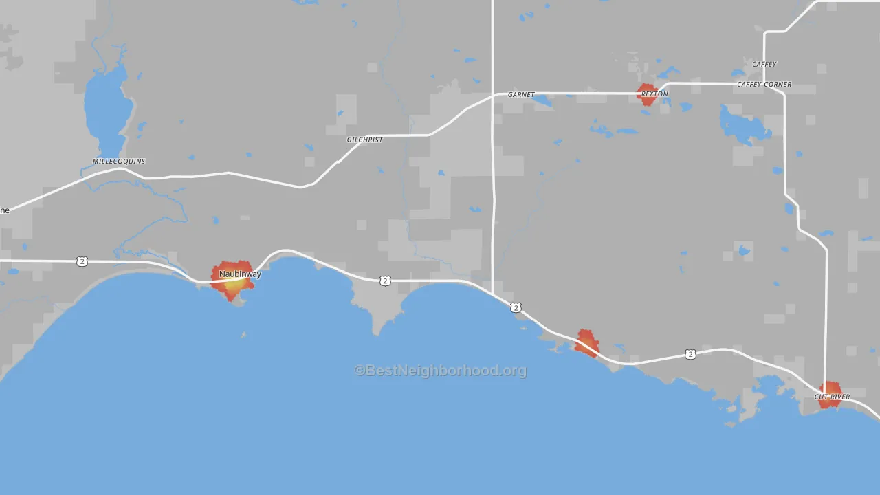 Walk Grade map of Naubinway, MI, walkable areas in green and car-dependent areas in red