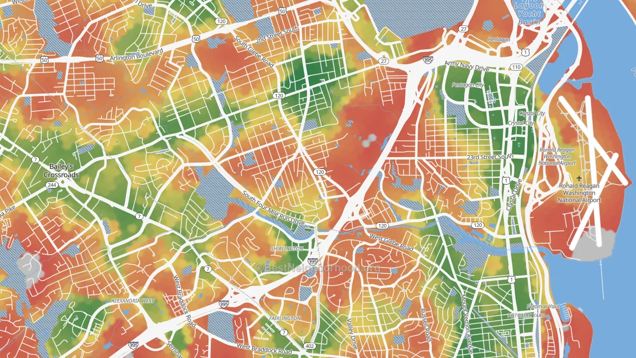 Walk Grade map of Nauck, Arlington, VA, walkable areas in green and car-dependent areas in red