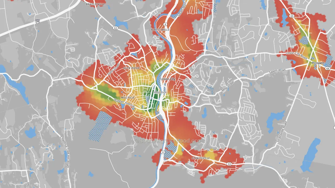 Walk Grade map of Naugatuck, CT, walkable areas in green and car-dependent areas in red