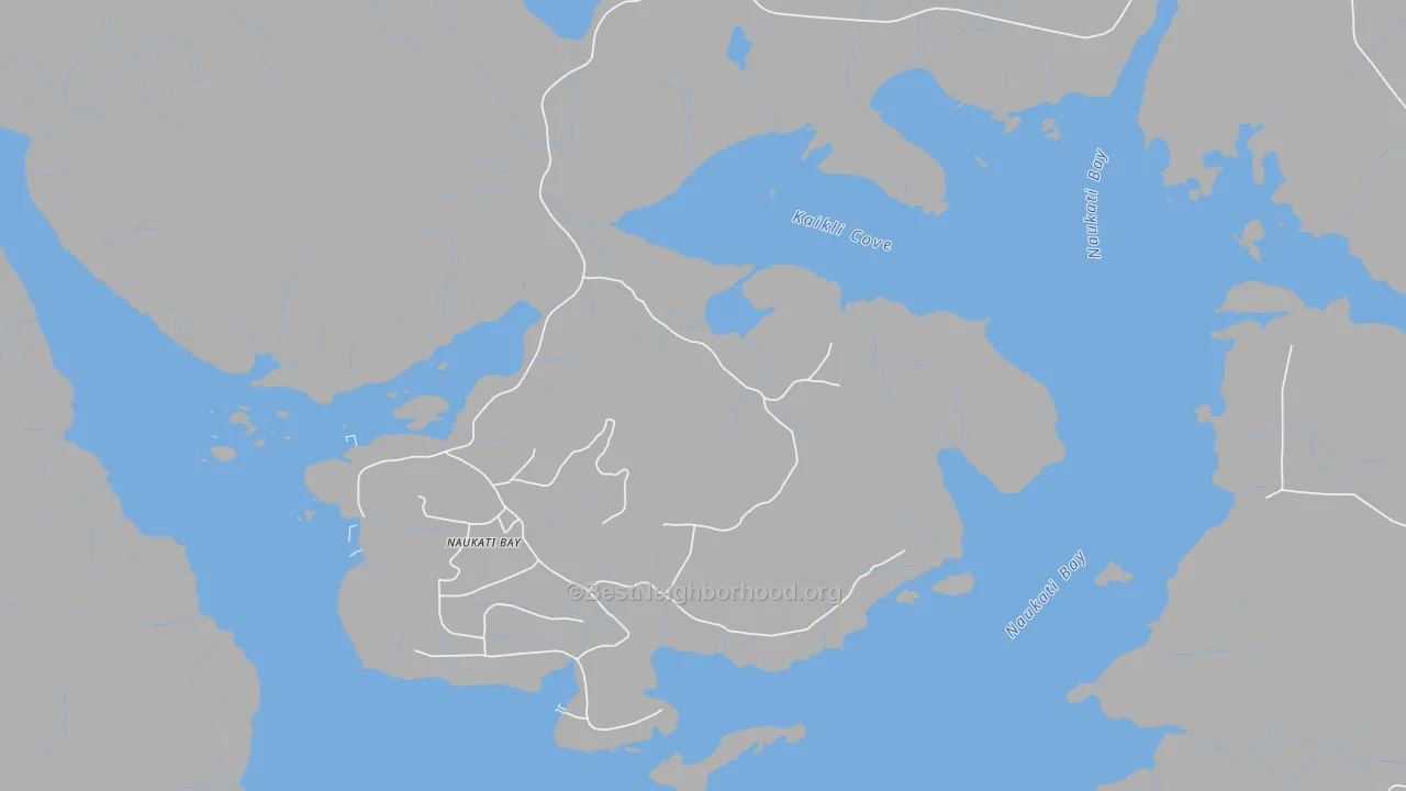 Walk Grade map of Naukati Bay, AK, walkable areas in green and car-dependent areas in red