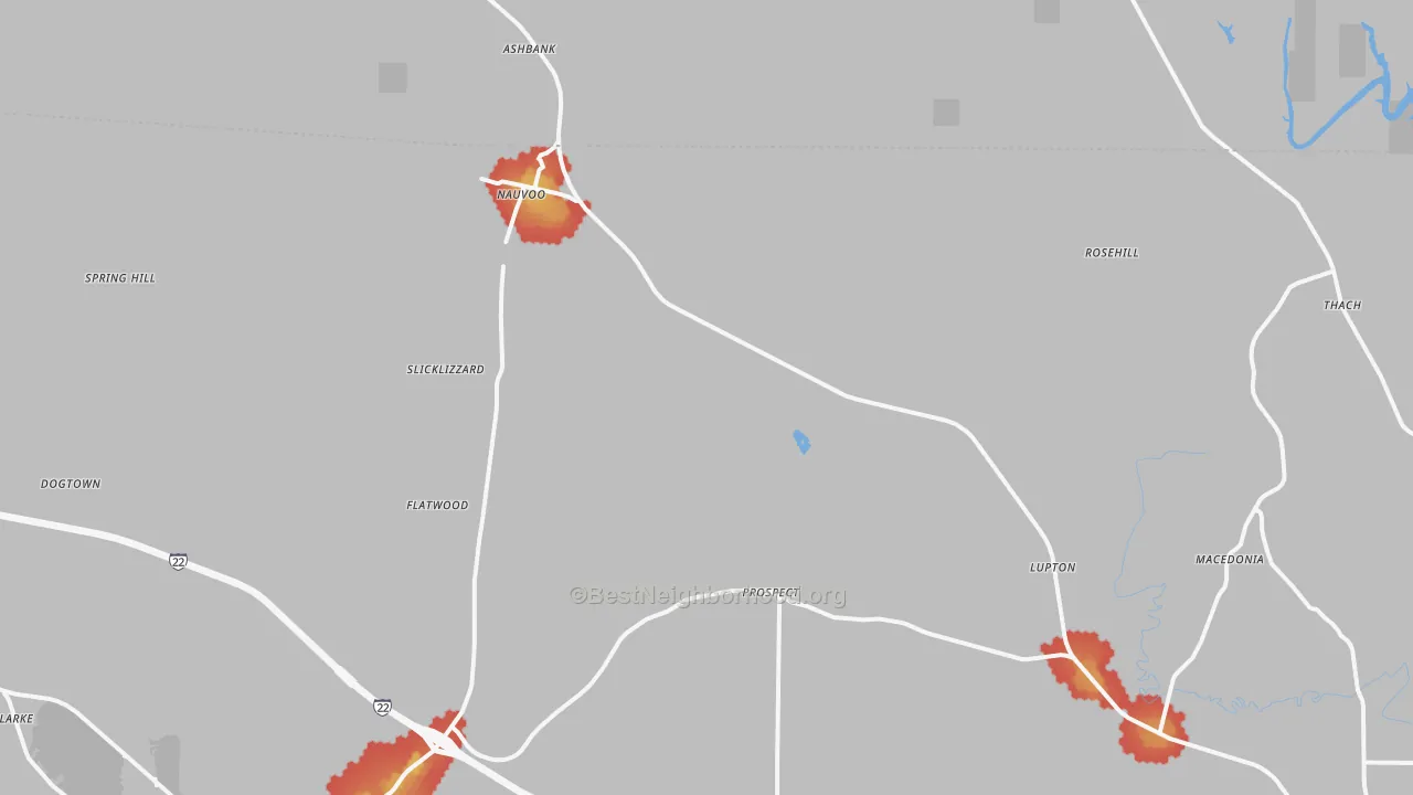 Walk Grade map of Nauvoo, AL, walkable areas in green and car-dependent areas in red