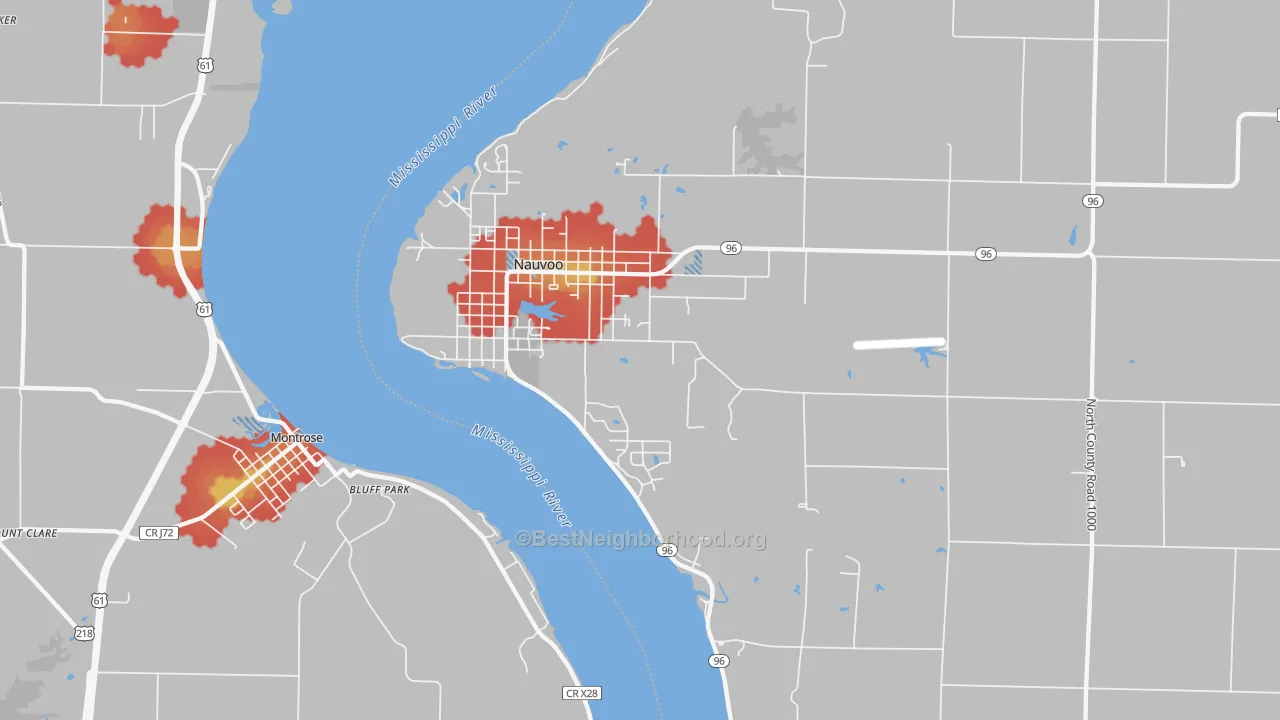 Walk Grade map of Nauvoo, IL, walkable areas in green and car-dependent areas in red