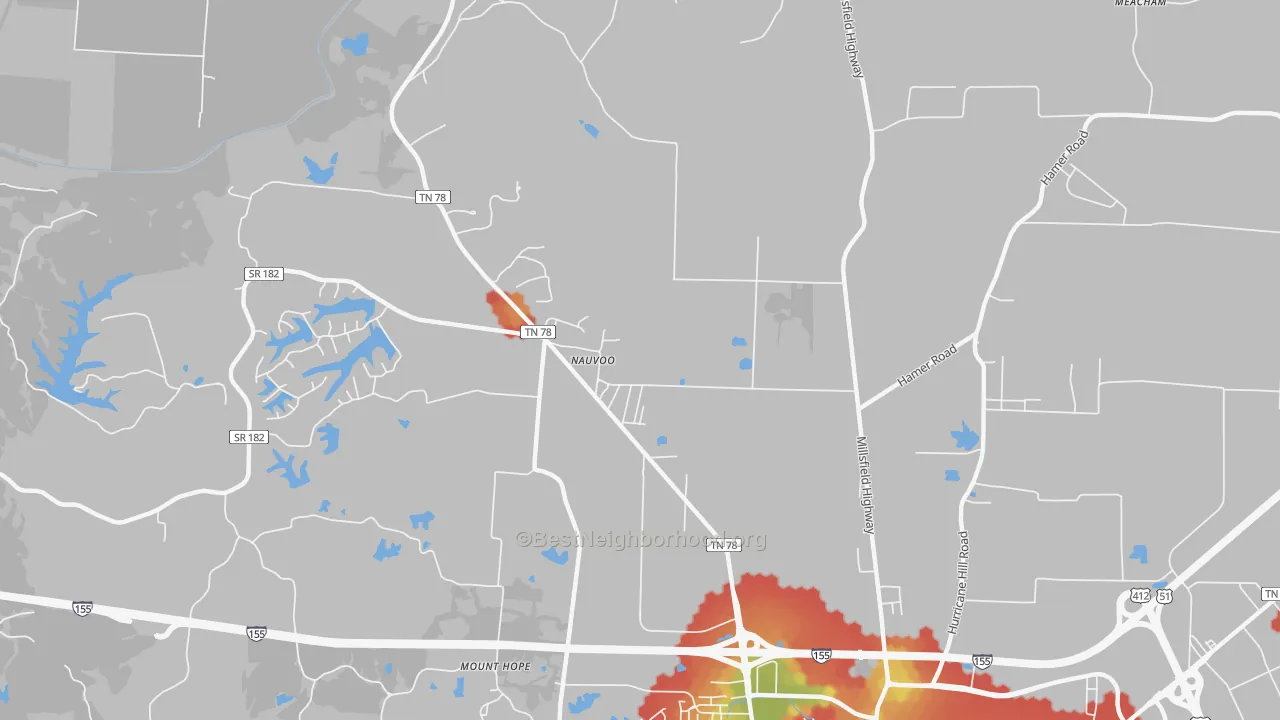 Walk Grade map of Nauvoo, TN, walkable areas in green and car-dependent areas in red