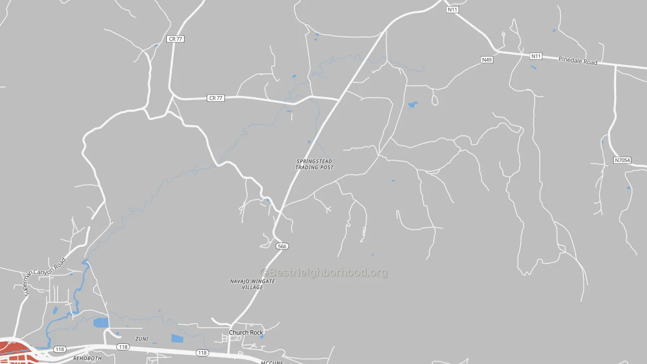 Walk Grade map of Navajo Wingate Village, NM, walkable areas in green and car-dependent areas in red