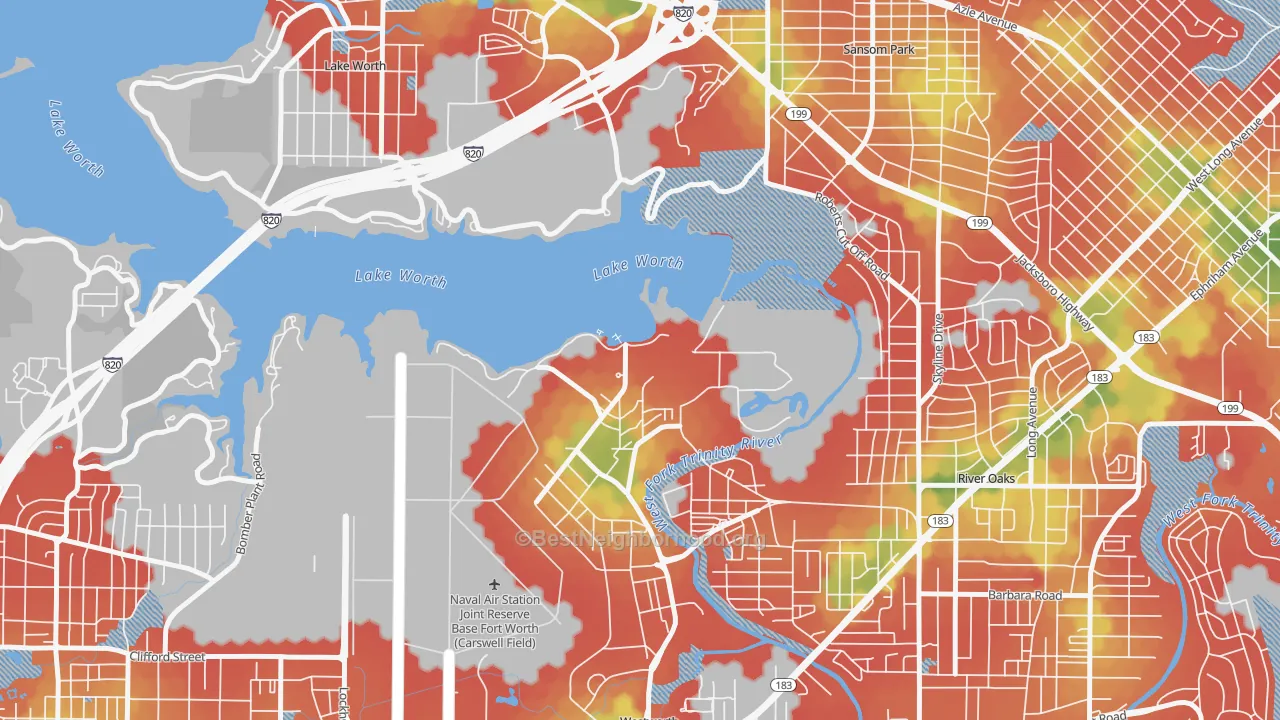 Walk Grade map of Naval Air Station JRB, TX, walkable areas in green and car-dependent areas in red
