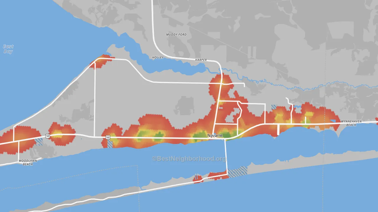 Walk Grade map of Navarre, FL, walkable areas in green and car-dependent areas in red