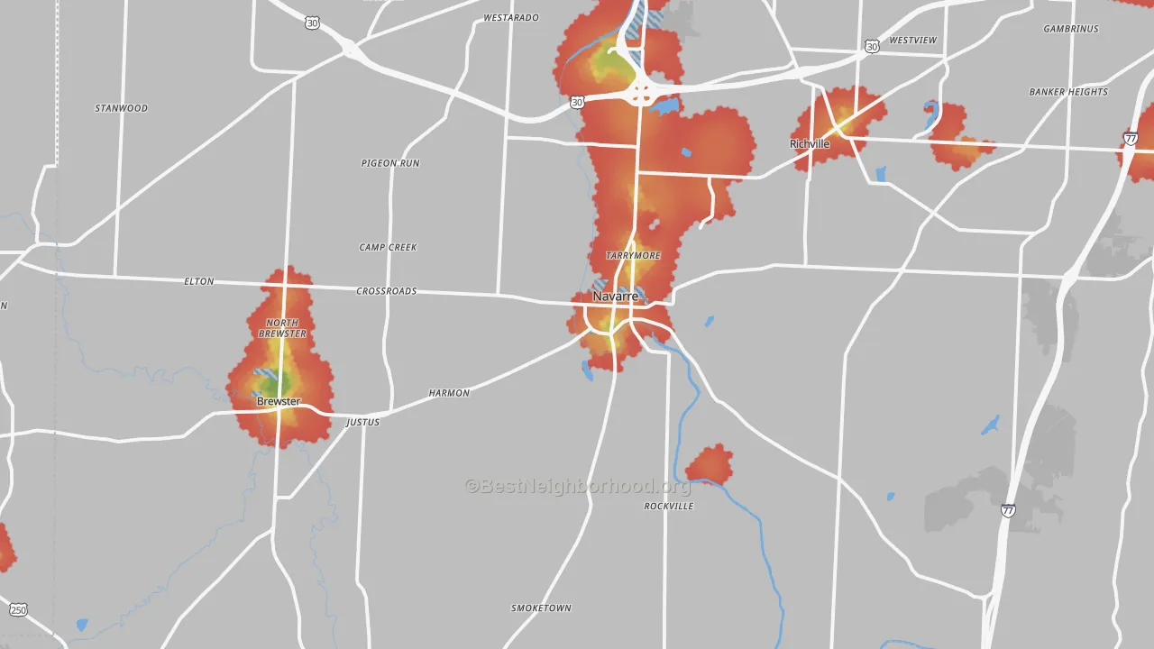 Walk Grade map of Navarre, OH, walkable areas in green and car-dependent areas in red