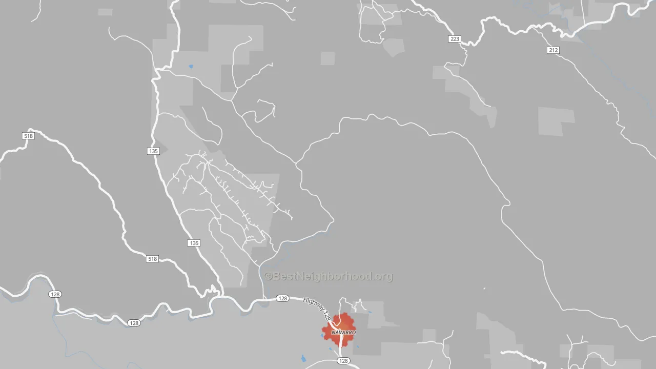 Walk Grade map of Navarro, CA, walkable areas in green and car-dependent areas in red