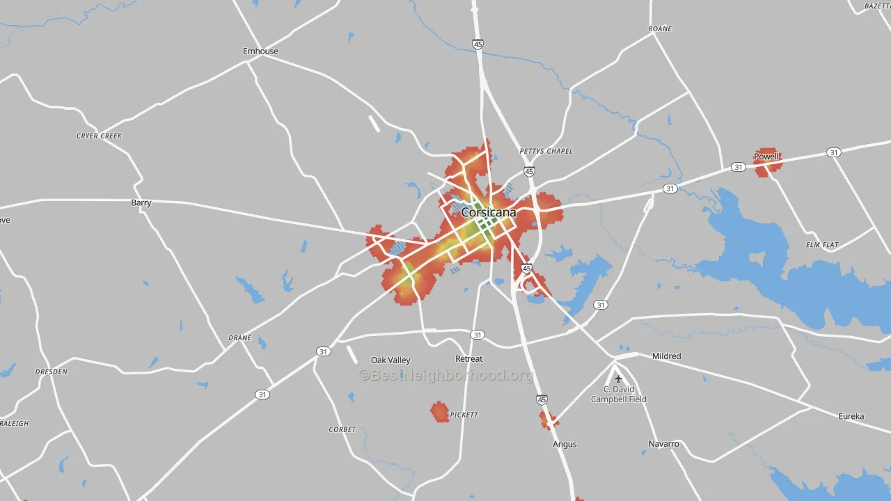 Walk Grade map of Navarro County, TX, walkable areas in green and car-dependent areas in red