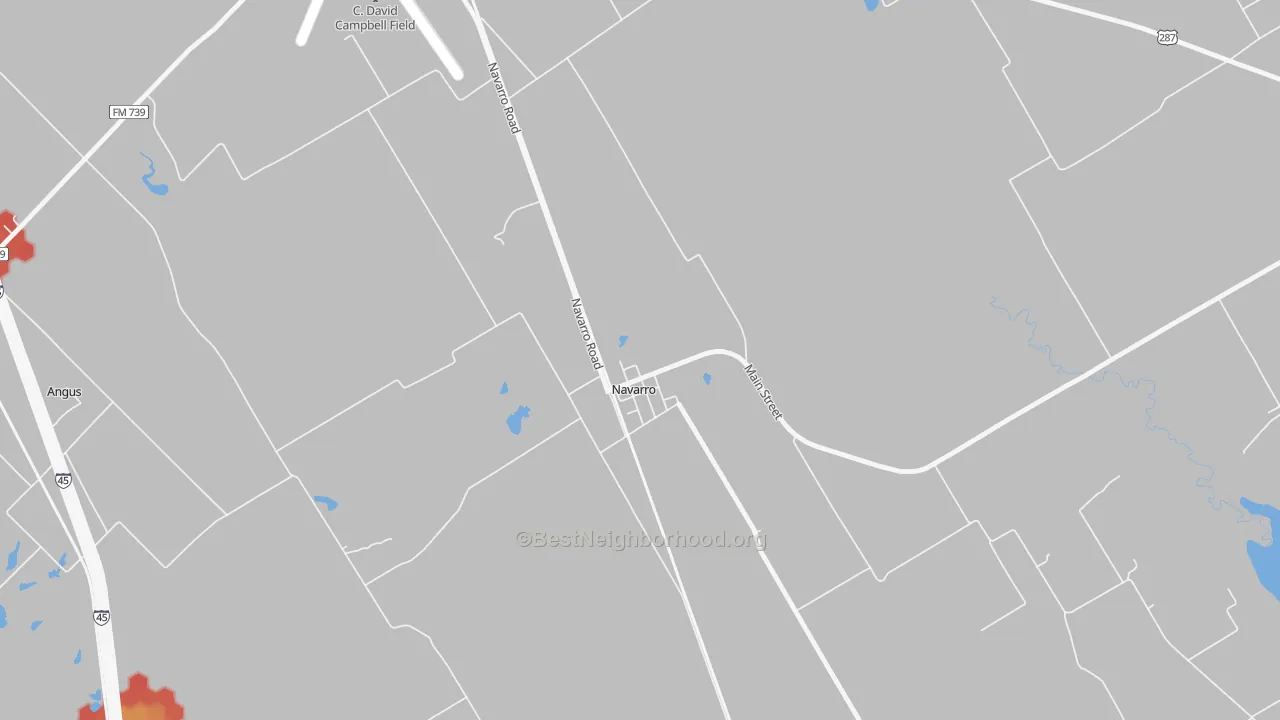 Walk Grade map of Navarro, TX, walkable areas in green and car-dependent areas in red