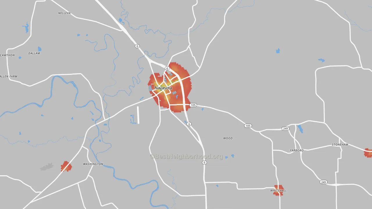 Walk Grade map of Navasota, TX, walkable areas in green and car-dependent areas in red