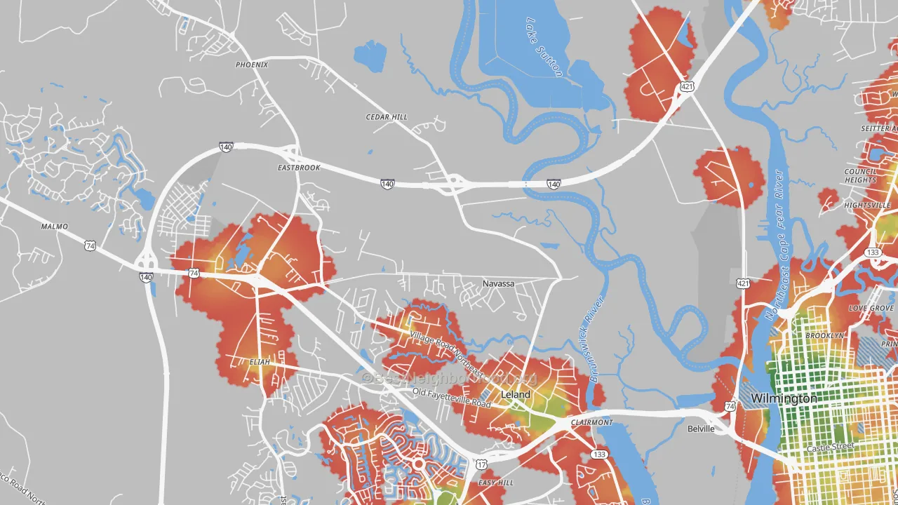 Walk Grade map of Navassa, NC, walkable areas in green and car-dependent areas in red
