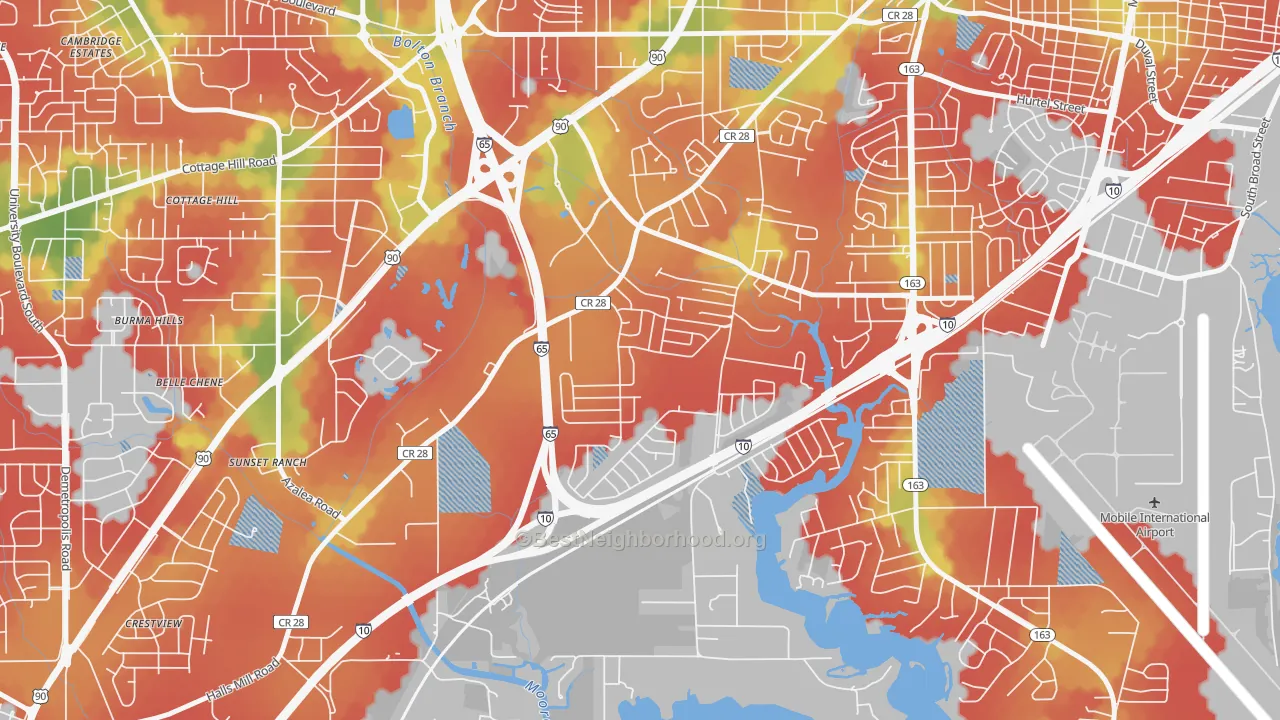 Walk Grade map of Navco, Mobile, AL, walkable areas in green and car-dependent areas in red