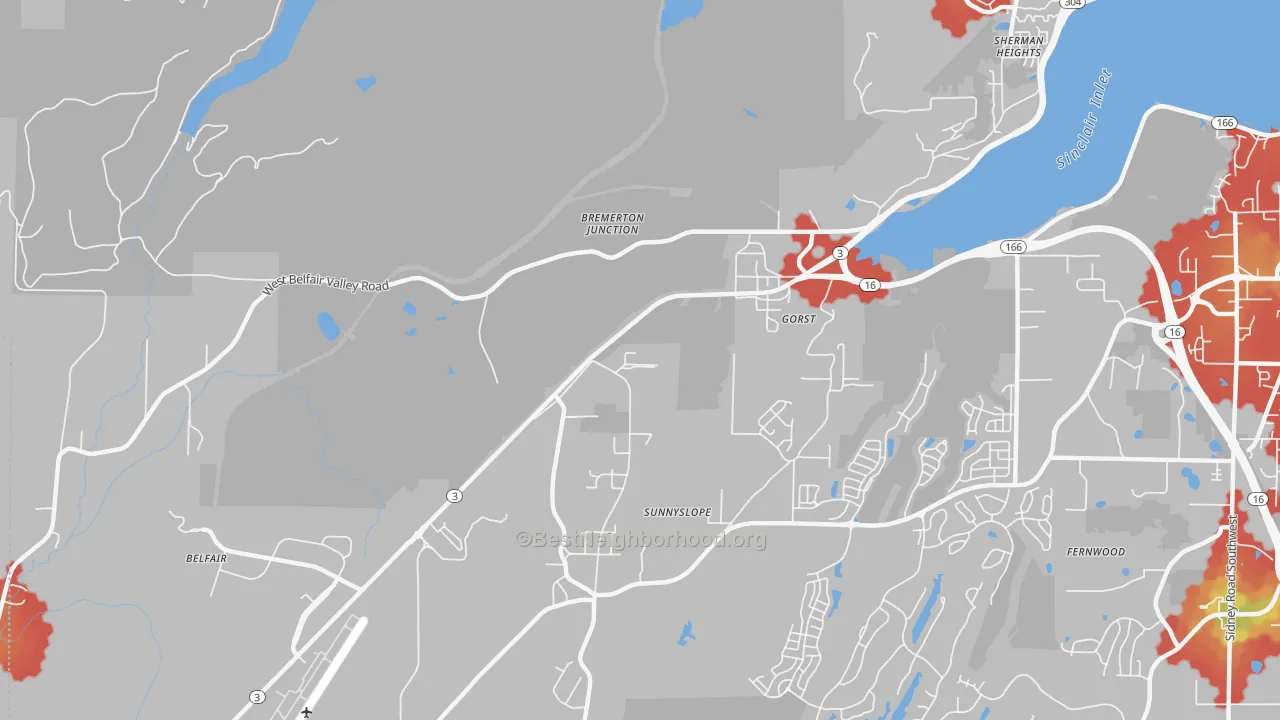 Walk Grade map of Navy Yard City, WA, walkable areas in green and car-dependent areas in red