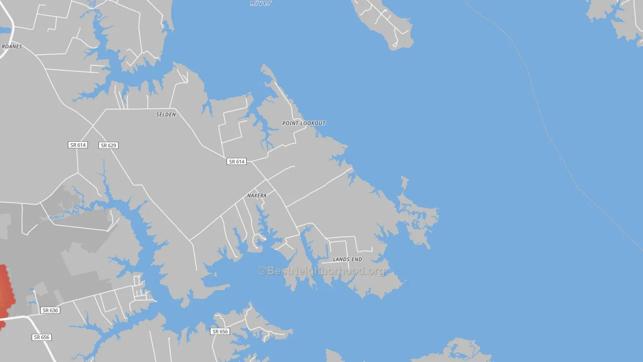 Walk Grade map of Naxera, VA, walkable areas in green and car-dependent areas in red
