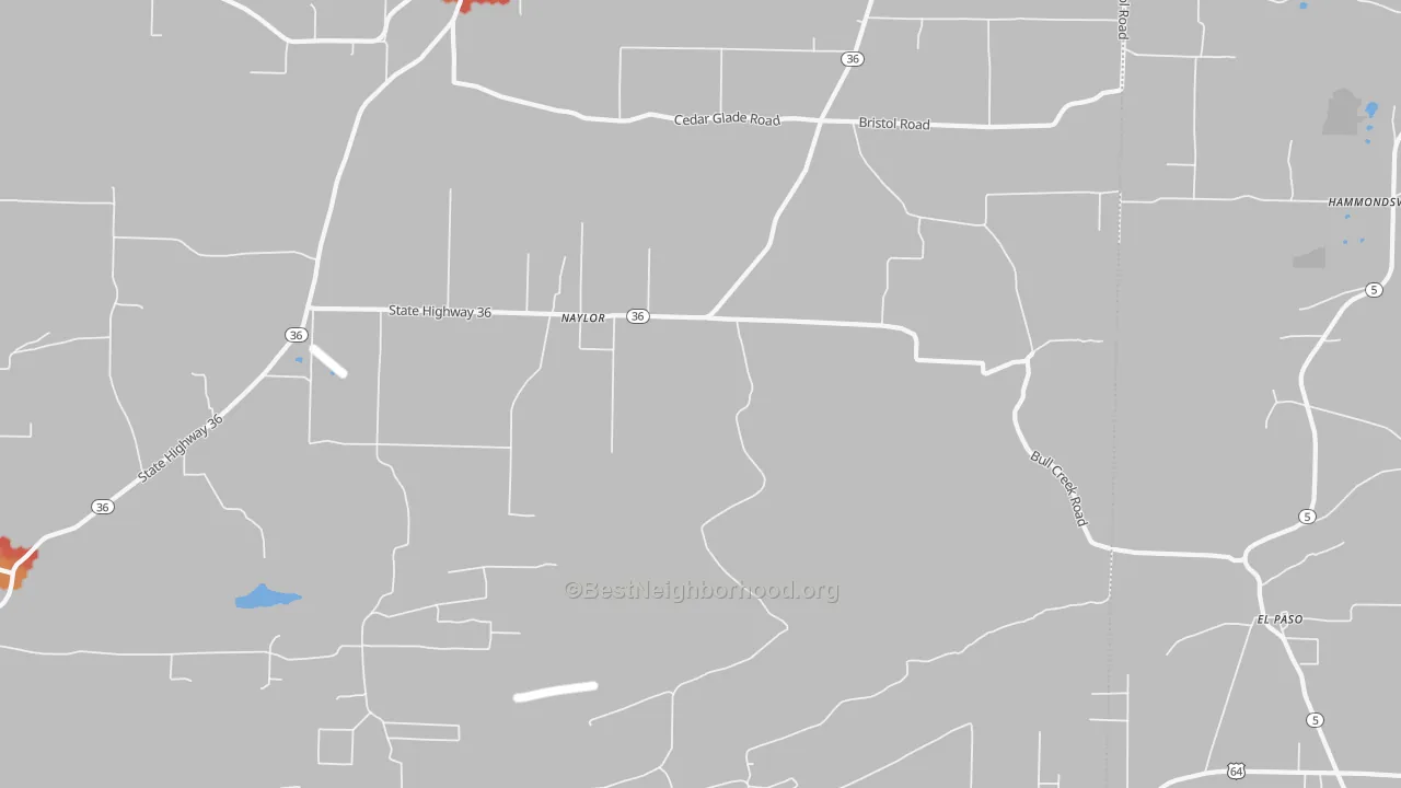Walk Grade map of Naylor, AR, walkable areas in green and car-dependent areas in red