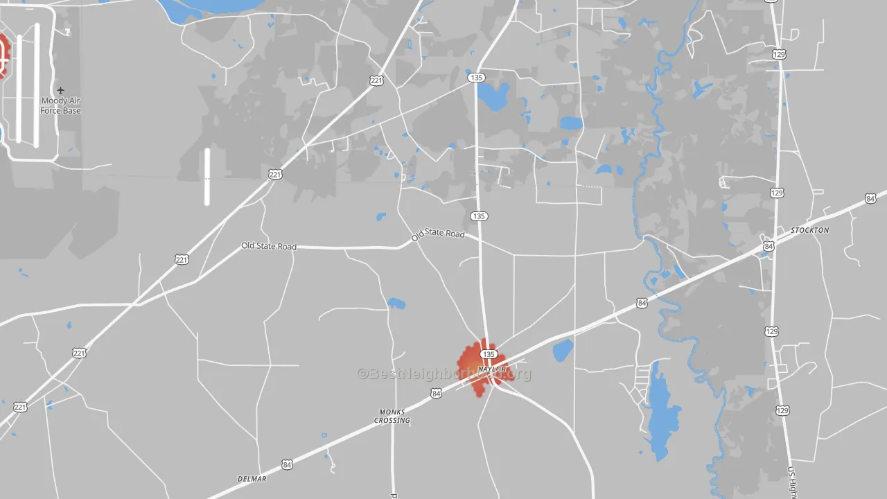Walk Grade map of Naylor, GA, walkable areas in green and car-dependent areas in red