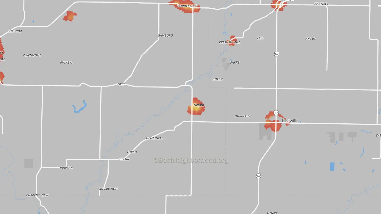 Walk Grade map of Naylor, MO, walkable areas in green and car-dependent areas in red
