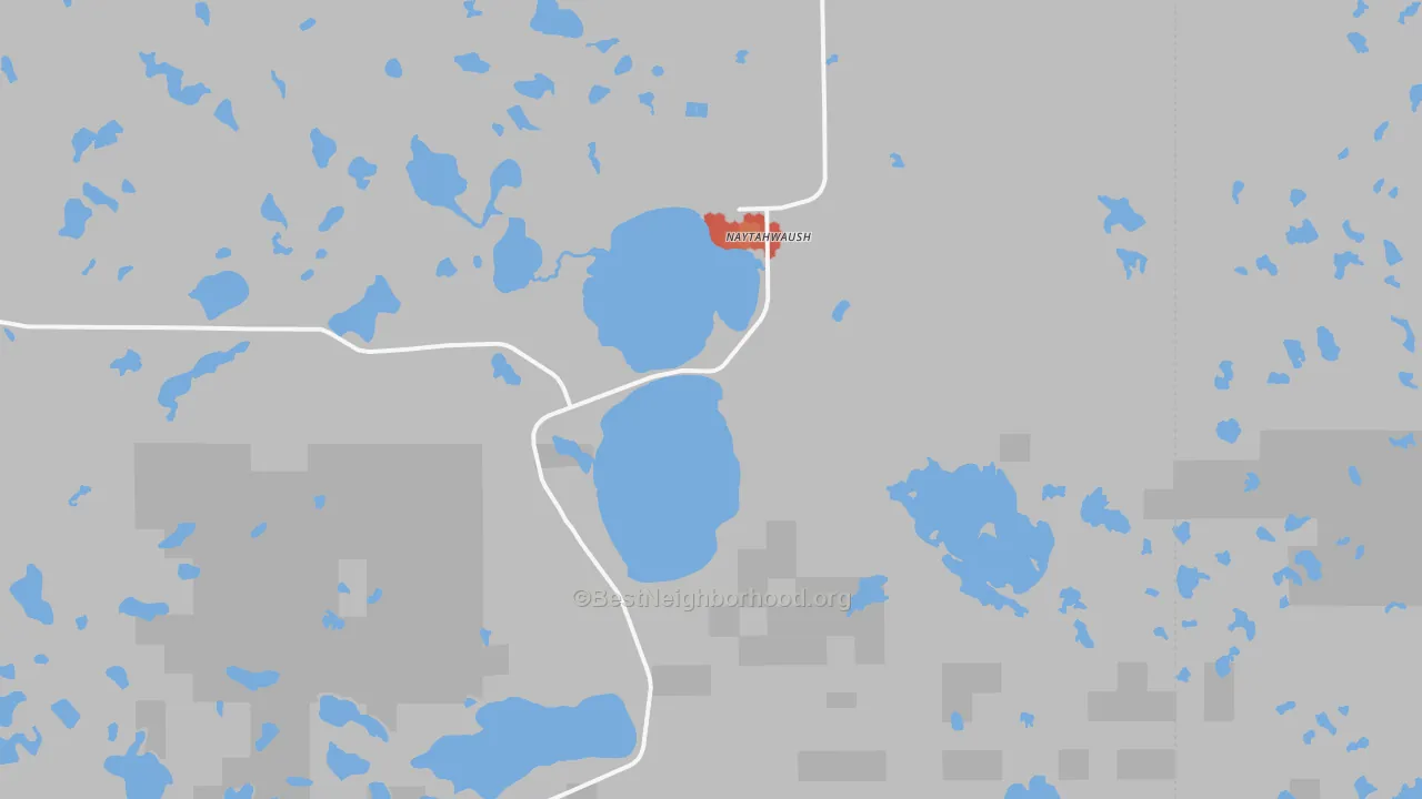 Walk Grade map of Naytahwaush, MN, walkable areas in green and car-dependent areas in red