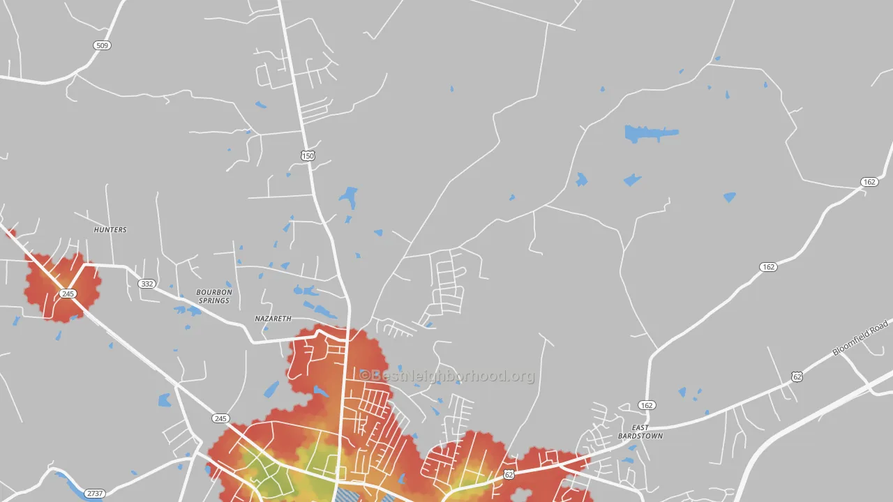 Walk Grade map of Nazareth, KY, walkable areas in green and car-dependent areas in red