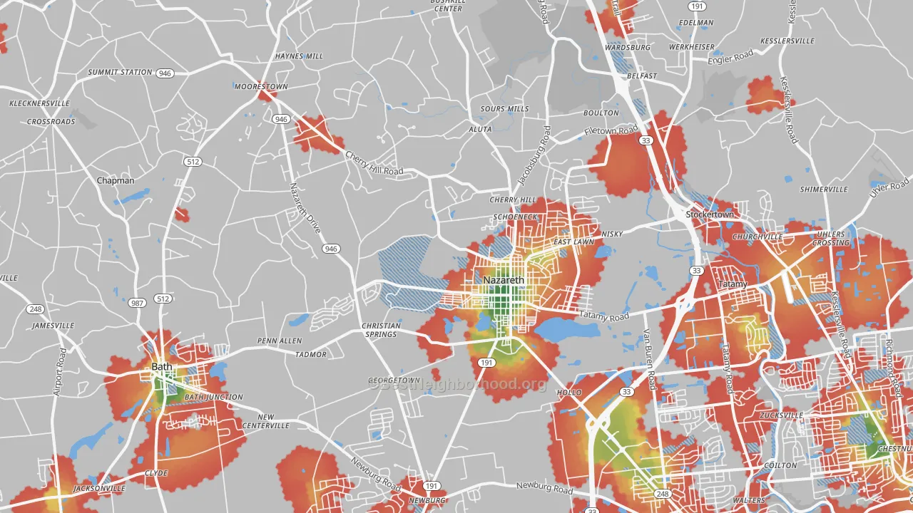 Walk Grade map of Nazareth, PA, walkable areas in green and car-dependent areas in red