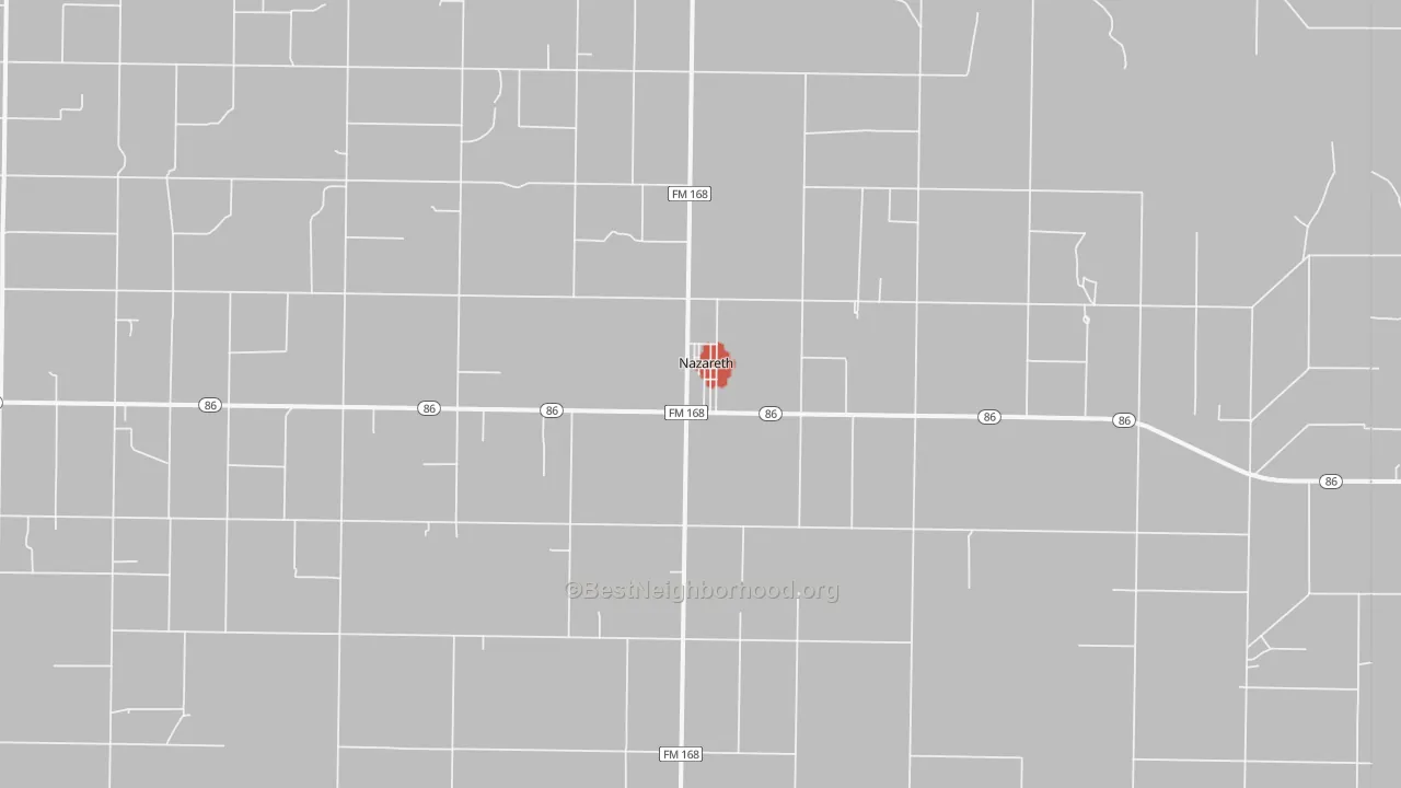 Walk Grade map of Nazareth, TX, walkable areas in green and car-dependent areas in red