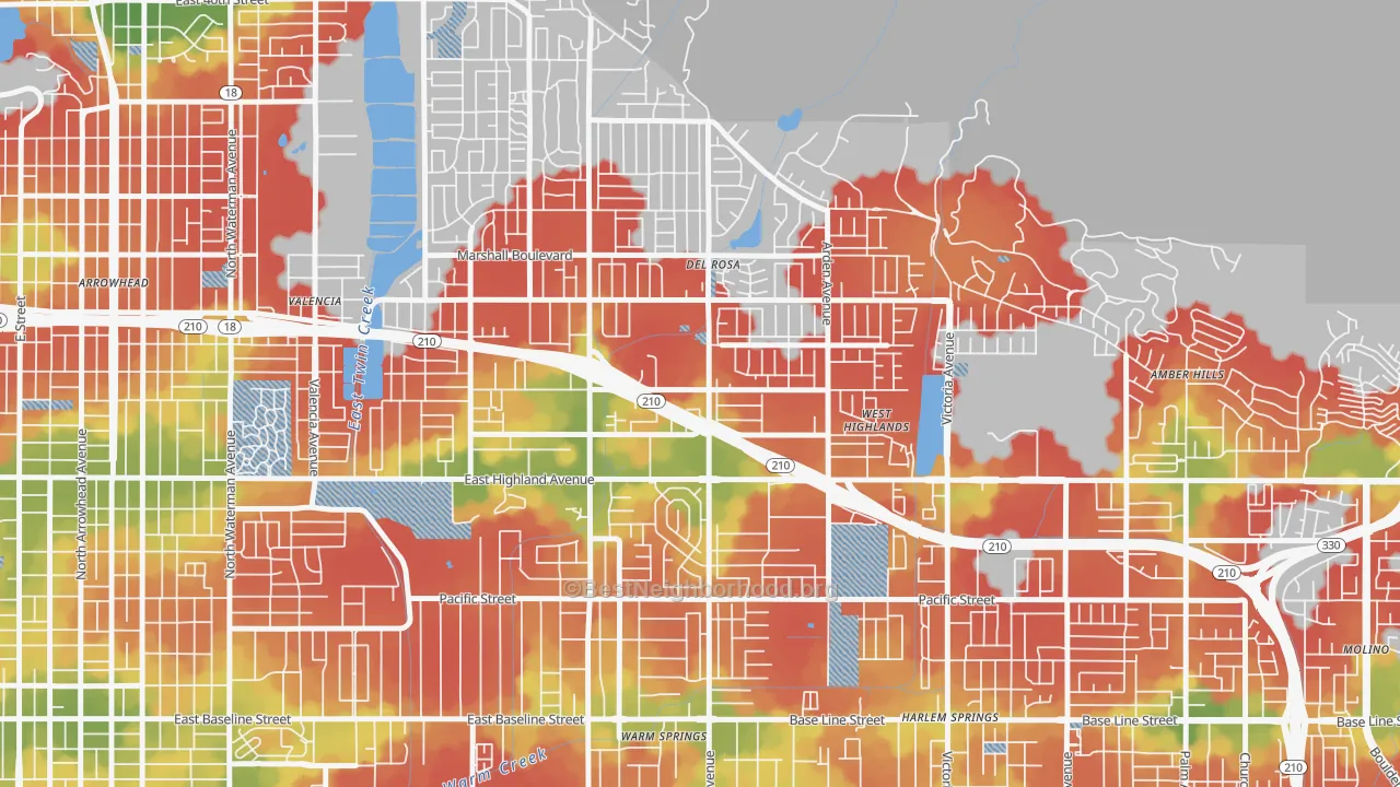 Walk Grade map of NE-Sterling, San Bernardino, CA, walkable areas in green and car-dependent areas in red