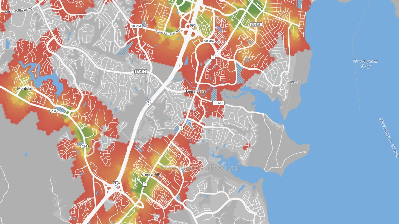 Walk Grade map of Neabsco, VA, walkable areas in green and car-dependent areas in red
