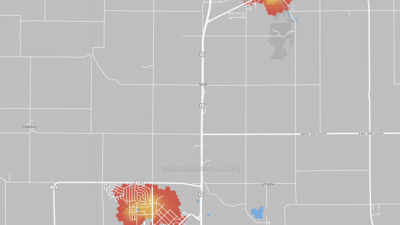 Walk Grade map of Nead, IN, walkable areas in green and car-dependent areas in red