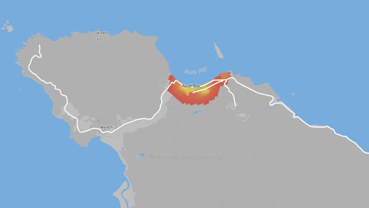 Walk Grade map of Neah Bay, WA, walkable areas in green and car-dependent areas in red