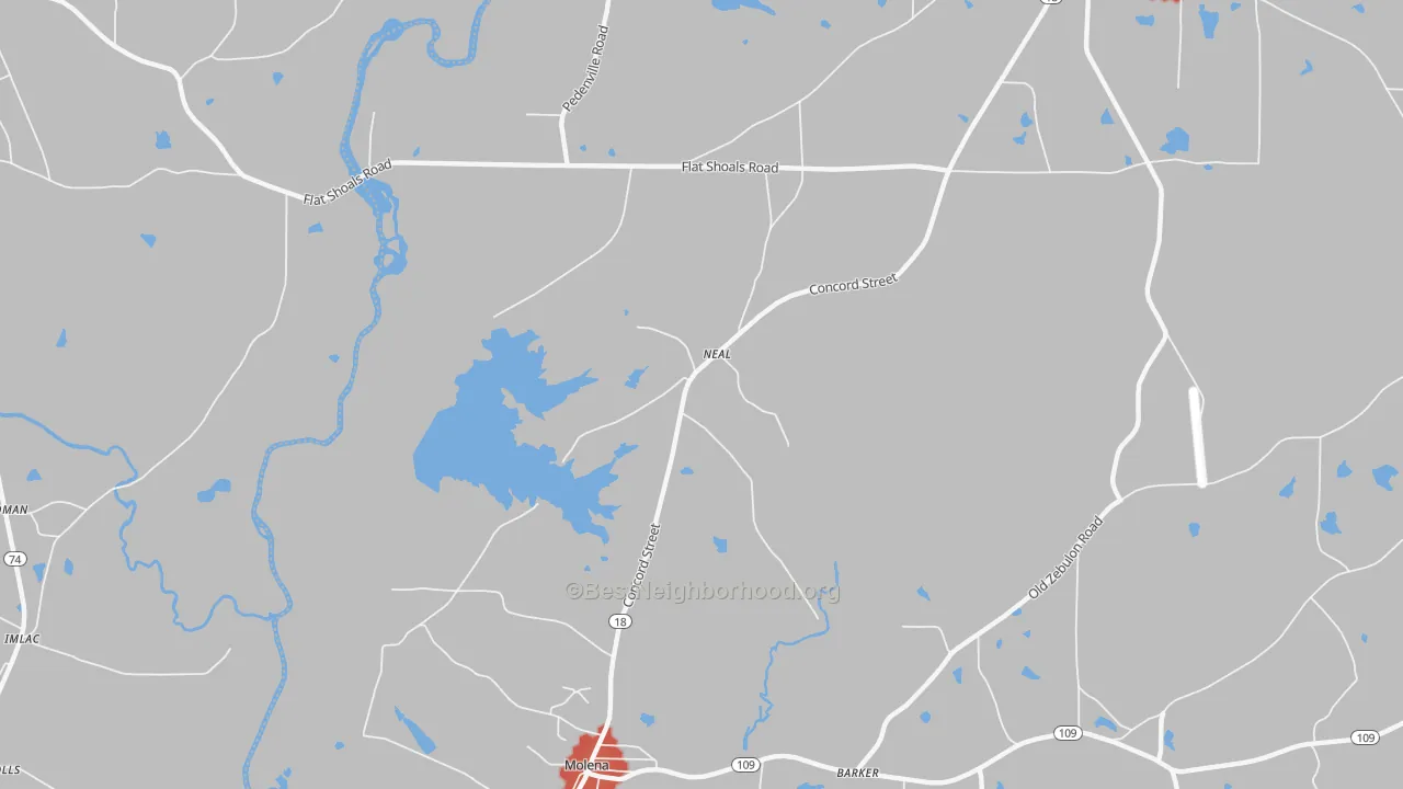 Walk Grade map of Neal, GA, walkable areas in green and car-dependent areas in red