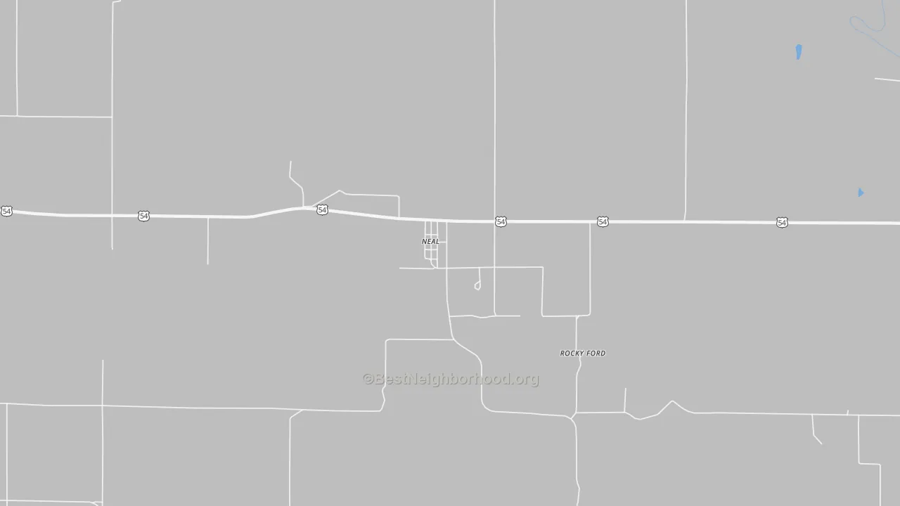 Walk Grade map of Neal, KS, walkable areas in green and car-dependent areas in red