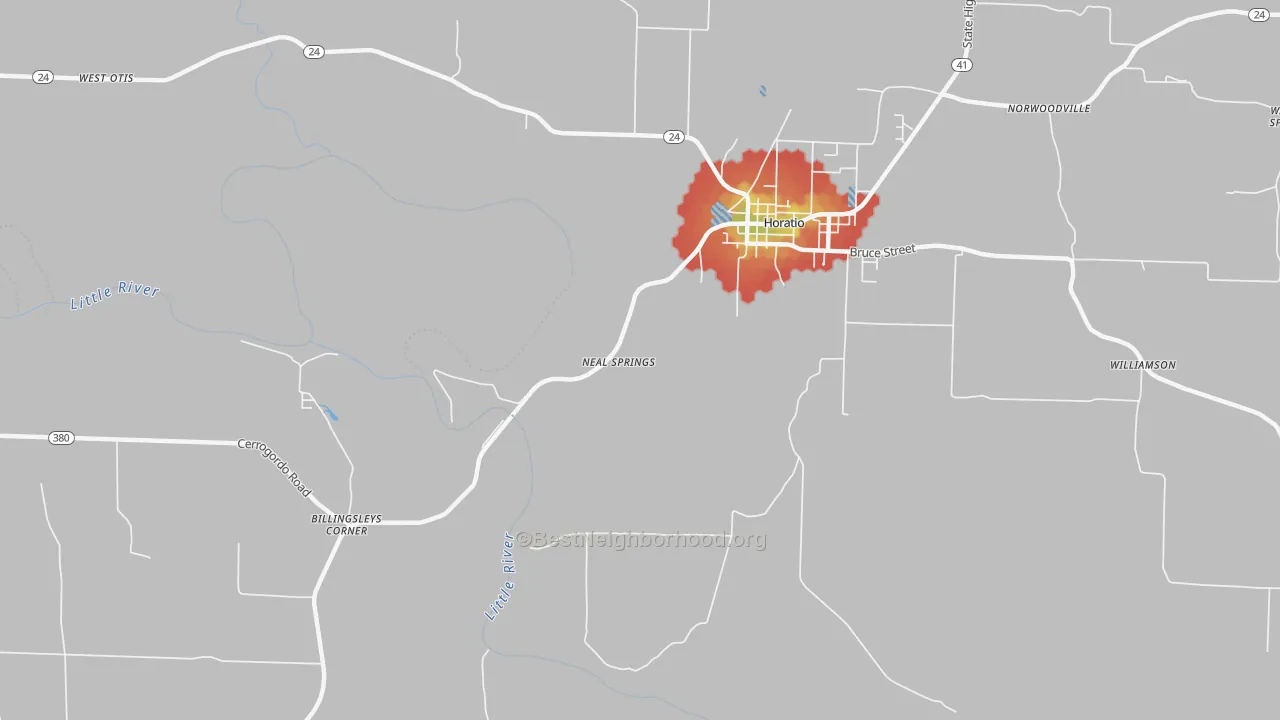 Walk Grade map of Neal Springs, AR, walkable areas in green and car-dependent areas in red
