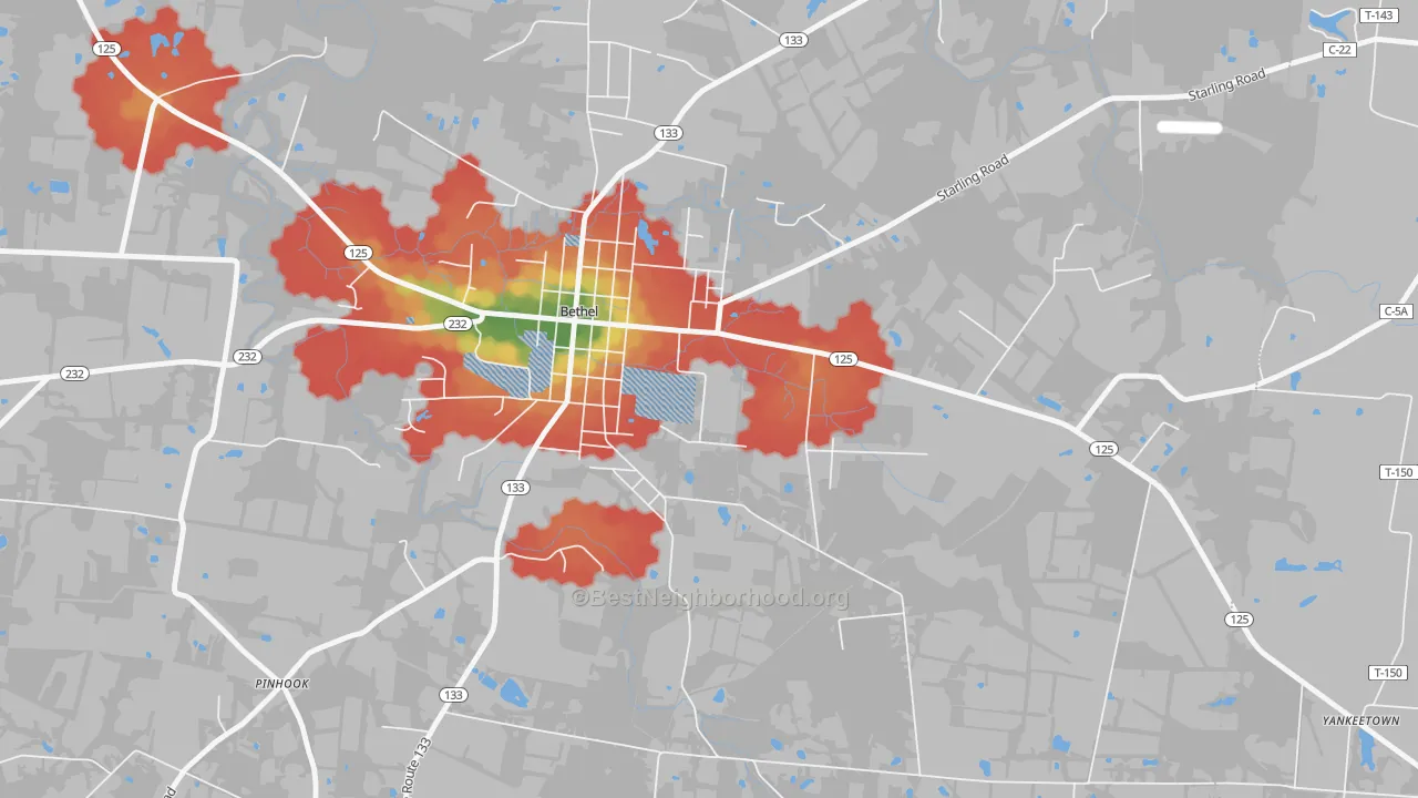 Walk Grade map of Neals Corner, OH, walkable areas in green and car-dependent areas in red