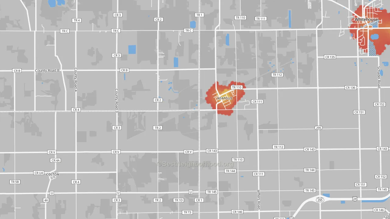 Walk Grade map of Neapolis, OH, walkable areas in green and car-dependent areas in red