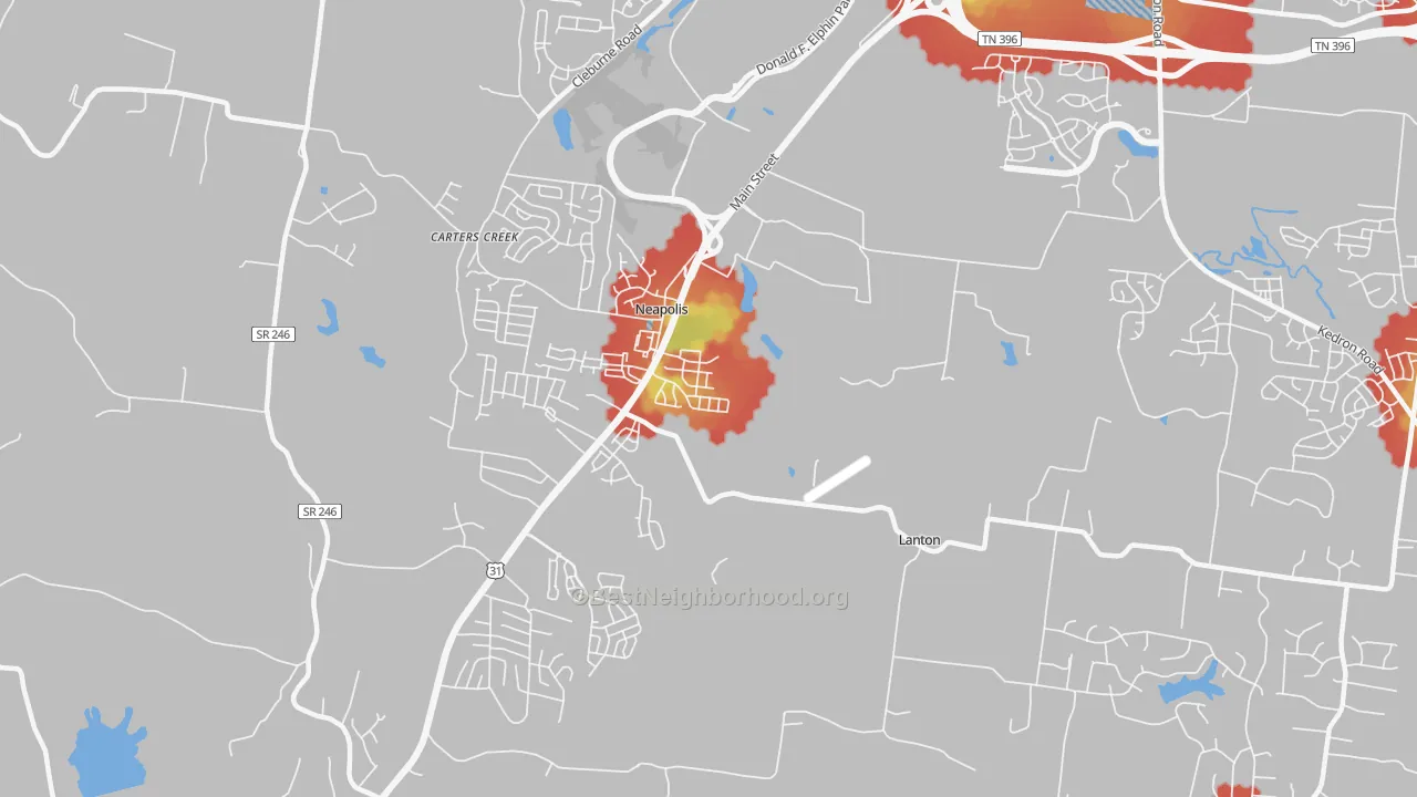 Walk Grade map of Neapolis, TN, walkable areas in green and car-dependent areas in red