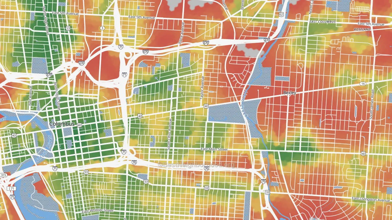 Walk Grade map of Near East, Columbus, OH, walkable areas in green and car-dependent areas in red