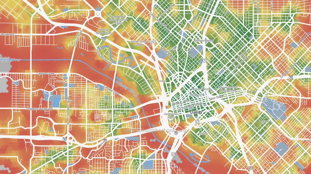 Walk Grade map of Near East, Dallas, TX, walkable areas in green and car-dependent areas in red